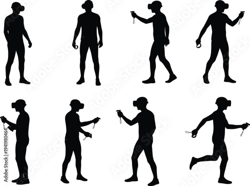 Virtual reality silhouettes, VR headset, controller use, immersive gaming, digital interaction, technology concept, futuristic entertainment, active movement, posture study, behavior