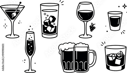 Black and white minimalist vector set of various alcoholic drinks in glasses with ice cubes grapes and olives design elements