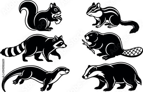 Black and white vector art set of six woodland animals including squirrel raccoon chipmunk beaver otter and badger stylized silhouettes