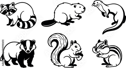 Black and white vector art of raccoon beaver otter badger squirrel and chipmunk sitting and holding objects natural wildlife animals