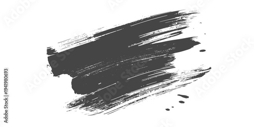 Black grunge brush stroke with paint splatter on light gray background, rough textured ink swipe, minimalist abstract design vector illustration.