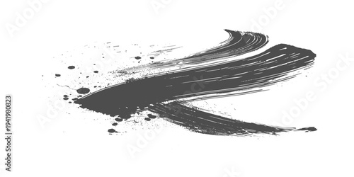 Black grunge brush stroke with paint splatter on light gray background, rough textured ink swipe, minimalist abstract design vector illustration.