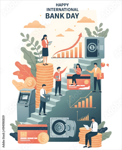 Happy International Bank Day illustration celebrating financial services, secure transactions, and economic growth with people interacting with ATMs vector design