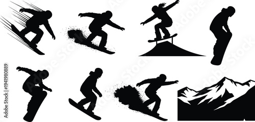 Snowboarding silhouettes sequence, snowboard tricks, slope riding, mountain backdrop, dynamic jumps, alpine sports adventure, energetic winter motion, extreme snowboarding illustration
