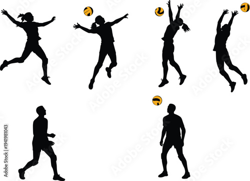 Volleyball silhouettes of athletes spiking, blocking, jumping, ball action poses, sports movement, fitness concept, cad drawing flat vector illustration