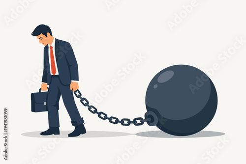 Sad Businessman Chained to a Large Heavy Iron Ball Representing Financial Debt, Tax Burden, and Economic Pressure. Flat Vector Illustration of a Professional Struggling with Money Problems.