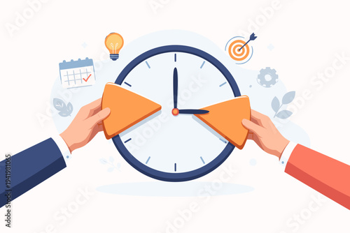Business hands taking slices of a clock face representing time management and productivity. Vector illustration for professional scheduling, planning, deadlines, and efficient work-life balance.