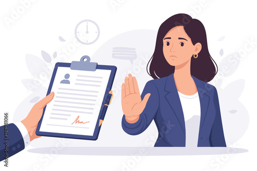 Vector illustration of a professional business woman in a blue blazer making a stop hand gesture to reject a job contract offer on a clipboard held by an employer in a corporate office setting.