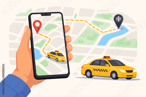 Hand holding a smartphone with a taxi booking app showing a yellow cab on a GPS map with a navigation route and location pins. Flat vector illustration of mobile ride-sharing and urban transport.
