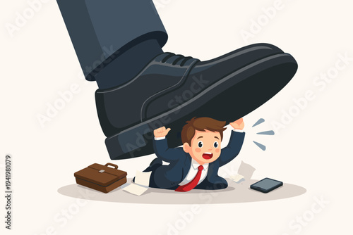 Vector illustration of a small businessman being crushed by a giant foot, representing corporate pressure, competition, stress, and the struggle of the little guy against big business power.