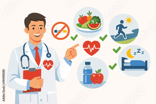 Vector illustration of a friendly male doctor cardiologist in a white coat with a stethoscope, pointing to healthy lifestyle icons including balanced diet, regular exercise, sleep, and hydration.