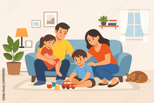 Happy Family Spending Quality Time Together at Home in Living Room with Father Mother and Two Children Playing with Toys on the Floor Near a Blue Sofa and Sleeping Cat Flat Vector Illustration