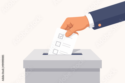 Hand of a person in a business suit putting a marked ballot paper into a ballot box during an election. Concept of democracy, voting, political choice, and civic duty in a flat vector style.