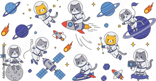 Cute astronaut cats exploring outer space with rockets, planets, satellites and meteors cartoon vector illustration collection