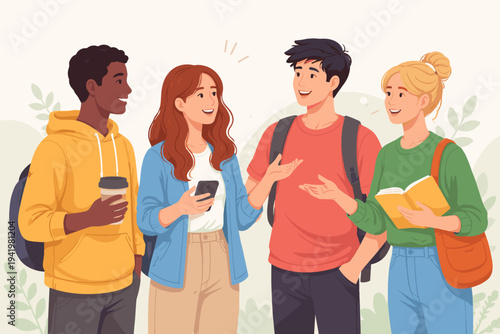 Diverse Group of Young Students Communicating and Socializing Together. Flat Vector Illustration of Multiethnic Friends with Backpacks, Coffee, and Books Talking in a Friendly Atmosphere.
