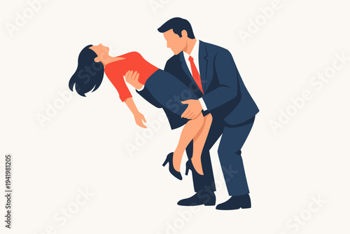 Businessman in a Suit Catching a Fainting Woman in a Red Top and Black Skirt, Simple Flat Vector Illustration Representing Workplace Stress, Health Emergency, Support, and Assistance at Work.