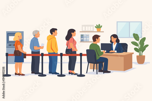 Vector illustration of diverse customers waiting in a queue at a bank branch to be assisted by a professional financial officer. People standing in line for banking services in a modern office