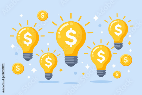 Vector illustration of glowing yellow light bulbs with dollar signs inside, representing creative business ideas, financial success, and profitable innovation on a light blue background with coins.
