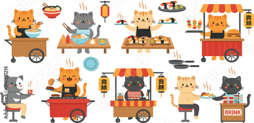 Cute cartoon cats cooking and selling street food, ramen, sushi and burger food stall characters vector illustration collection