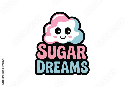 Cute Cartoon Cotton Candy Cloud Character Logo with "Sugar Dreams" Text in Pink and Blue for Sweet Shop Branding Vector Illustration