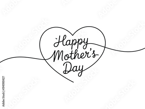 Single continuous line draws a heart shape containing elegant cursive text for Mother's Day.