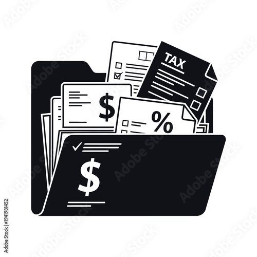 Tax documents and money overflowing from a black folder illustration