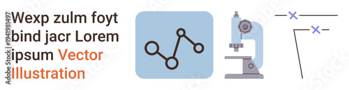 Science, research, data analysis, technology, education, scientific tools. A microscope, a data graph and schematic lines. Science and research focus on technology and education
