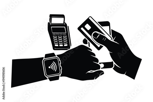 Contactless payment methods shown with card reader and smartwatch