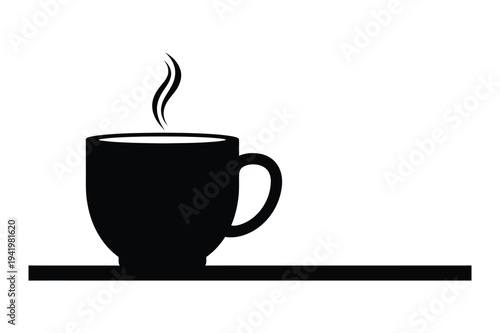 A simple black and white illustration of a hot beverage in a cup