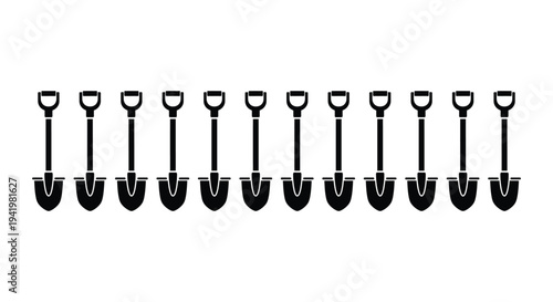 A row of ten identical black silhouettes of gardening shovels