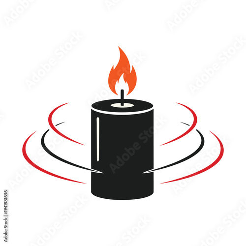 A stylized black candle with a bright orange flame and swirling red accents