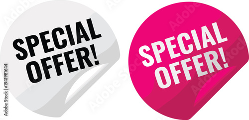 Special Offer Round Sticker Badges Set with Peeling Corner Effect for Retail Marketing Promotions, Clearance Sales, and Discount Advertising Labels