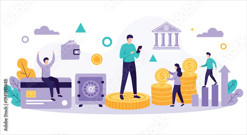 Illustration of finance and investment concepts with banking symbols and growth charts vector design