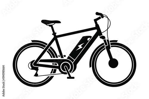 Black silhouette of an electric bicycle with a prominent battery pack
