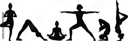Yoga silhouettes sequence, tree pose, downward dog, lotus meditation, warrior stance, tripod headstand, full headstand, balance flexibility strength illustration