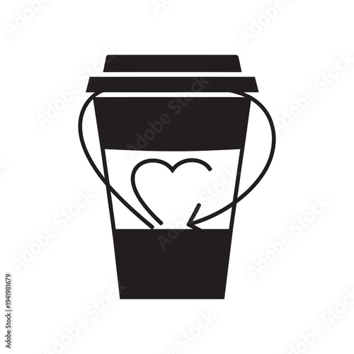 A black and white illustration of a coffee cup with a heart design