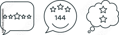 A set of black and white line drawings of speech bubbles with stars and a smiley face