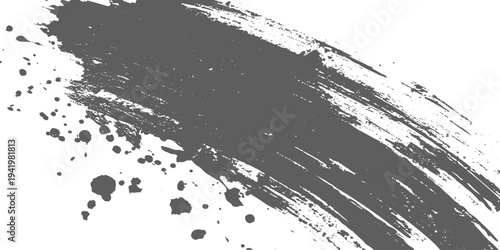 Black grunge brush stroke with paint splatter on light gray background, rough textured ink swipe, minimalist abstract design vector illustration.