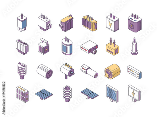 Collection of isometric electrical components and renewable energy devices displayed against a.