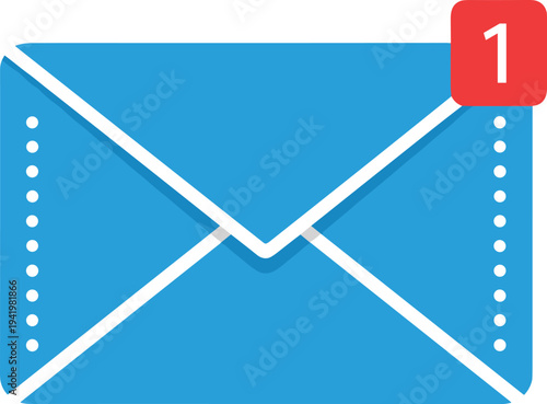 Blue envelope icon with red notification badge and number one, concept of new email message, unread digital mail communication, flat design.