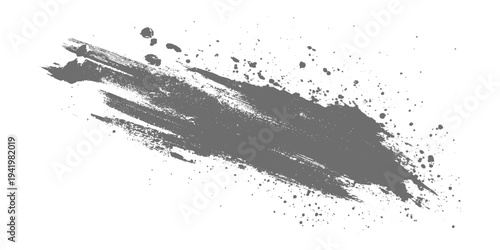 Black grunge brush stroke with paint splatter on light gray background, rough textured ink swipe, minimalist abstract design vector illustration.