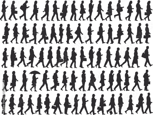 Walking silhouette grid, diverse urban motion, black vector people, umbrella, bag, clothing variation, pedestrian movement illustration set