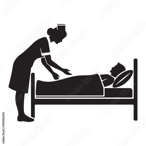 A nurse taking care of a patient in a hospital bed silhouette