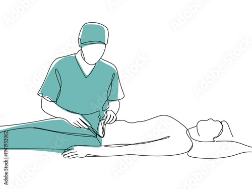 Medical doctor in scrubs performs a single line contour drawing examination on a patient lying.
