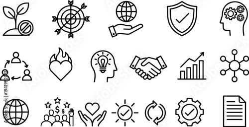 Business values and global strategy line icon set featuring handshake, goal target, innovation mind, growth graph, sustainability, and corporate leadership symbols.