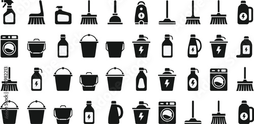 Cleaning service icon set featuring laundry washing machine, spray bottle, bucket, broom, plunger, detergent, chemical supplies, and housekeeping equipment silhouette symbols.