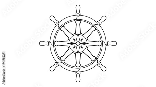 Single Continuous Line Maritime Ship Wheel with Four Spokes Minimal Navigation Symbol Illustration
