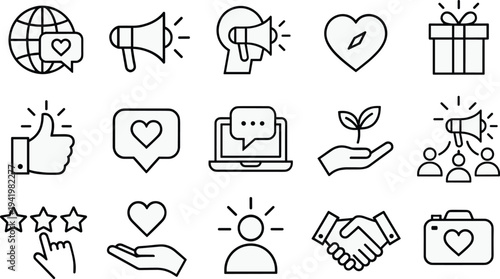 Collection of line icons for social media, marketing, customer care, public relations, digital advertising, brand engagement, community support, and communication.