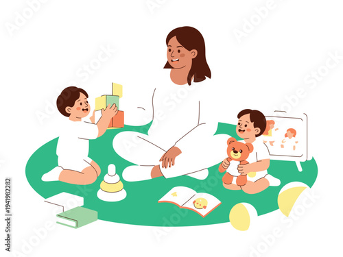 Caring female caregiver sits cross-legged playing with two happy toddlers using colorful.