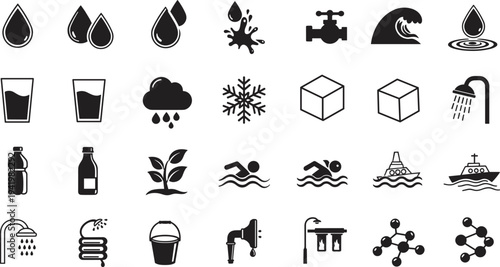 Water and weather icons, environmental vector set, eco-friendly graphics, aquatic activity symbols, black water artwork, sustainability illustration, climate design elements